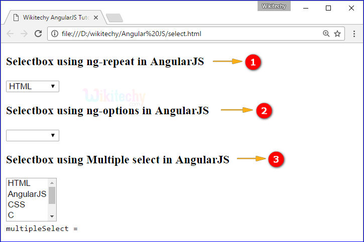 Sample Output for AngularJS select Directive