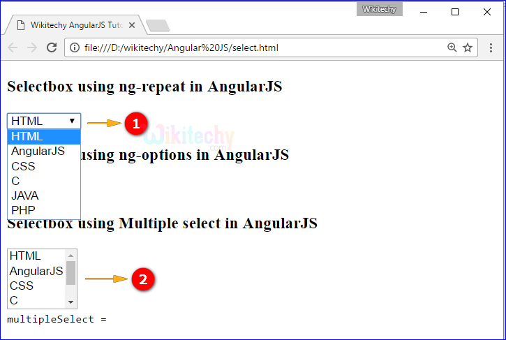 Sample Output for AngularJS select Directive