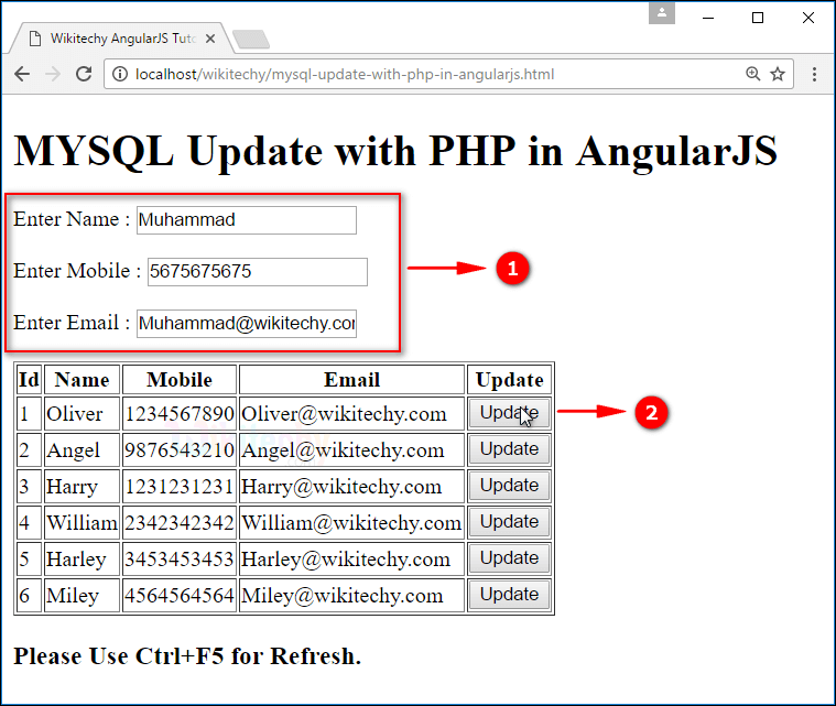 Sample Output for AngularJS update using PHP Mysql