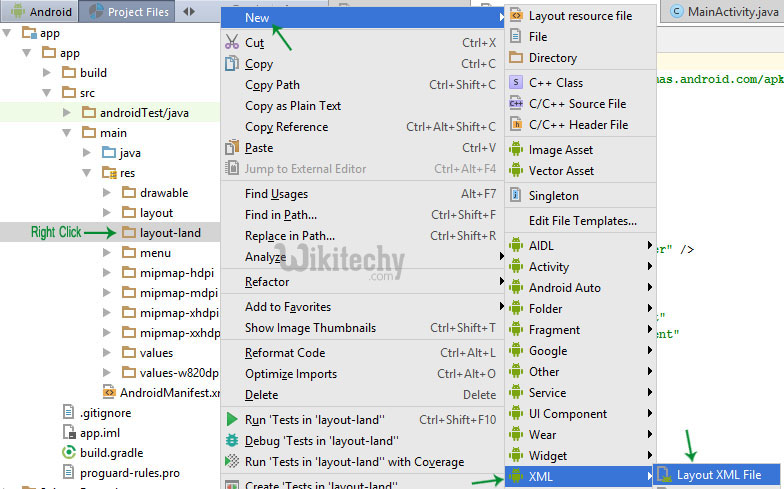  layout xml file in layout land folder android studio