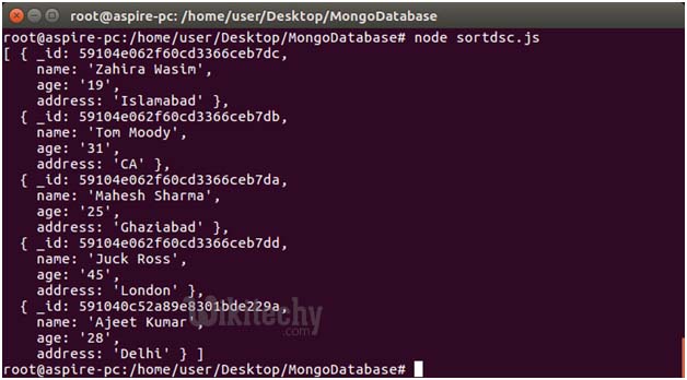  descending order in node.js mongodb sorting