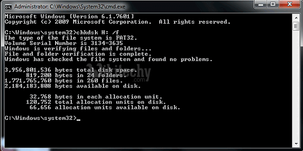 chkdsk command fix the corrupted card