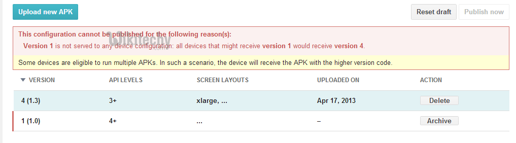  googleplay apk publish error message