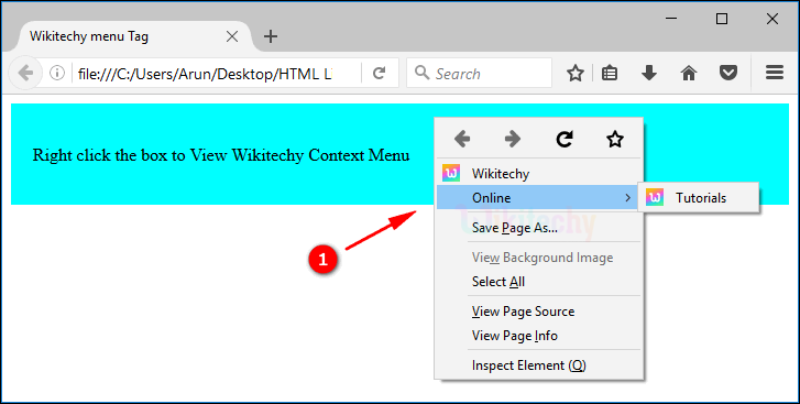 output for context menu menuitem tag