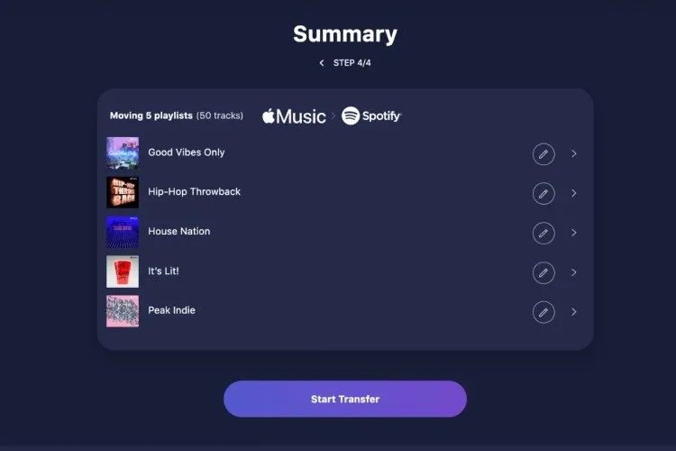 Click on Start Transfer to sync your Apple Music playlist to Spotify