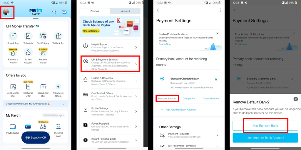 How to delete linked bank accounts from Paytm