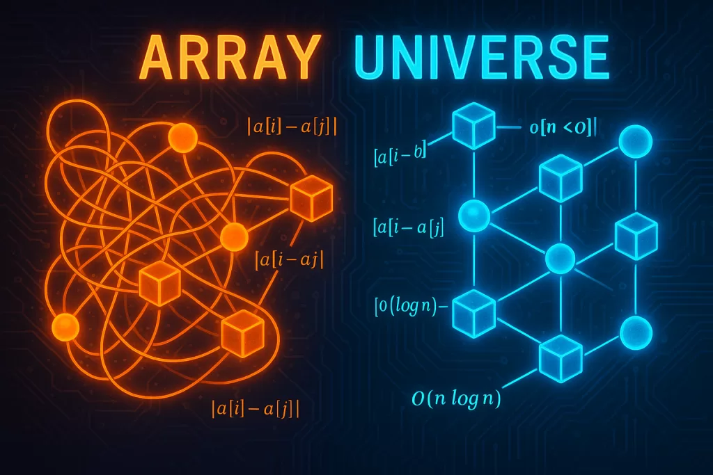 A comparison of algorithmic complexity in Array Universe, contrasting the visual representations of brute-force O(n²) (dense orange network) and an efficient O(n log n) to O(n) approach (structured blue network with clear node connections and complexity labels).