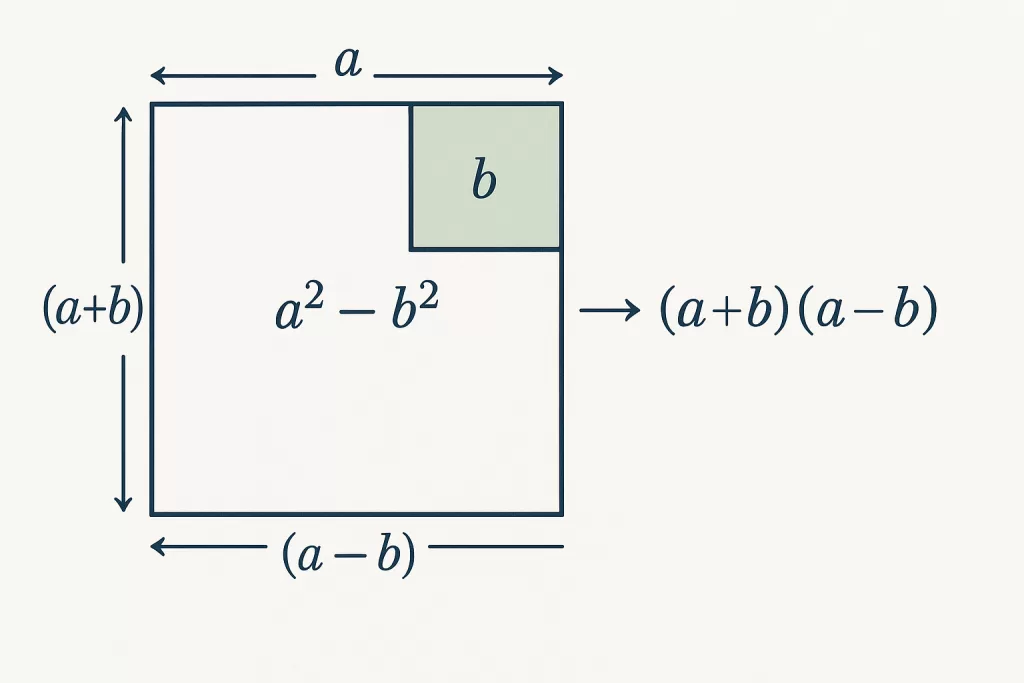Geometric diagram proving the a² - b² formula. A large square with side a and a smaller square with side b are shown, leaving the shaded area a² - b², which equals (a+b)(a-b).