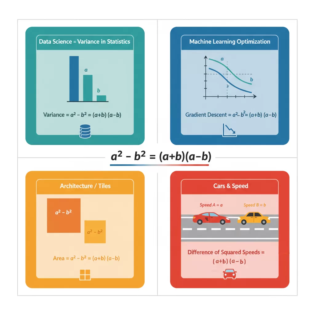 real-world uses of a² – b² in  statistics, ML, tiles, and vector speeds.