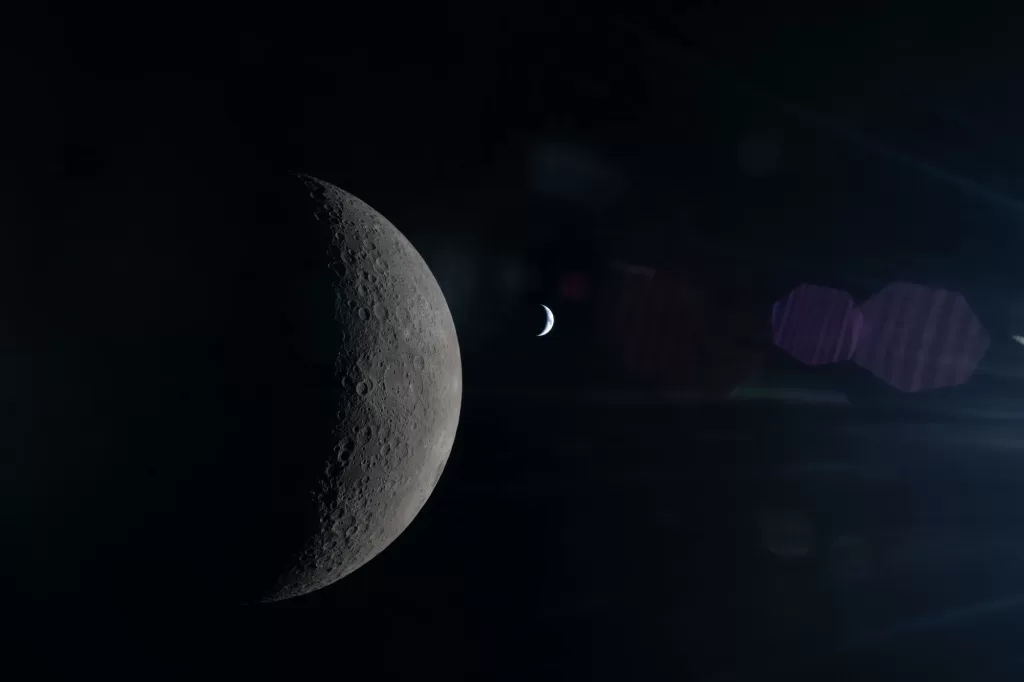 Artemis II’s lunar flyby the Moon and Earth align in the same frame, each partially illuminated by the Sun